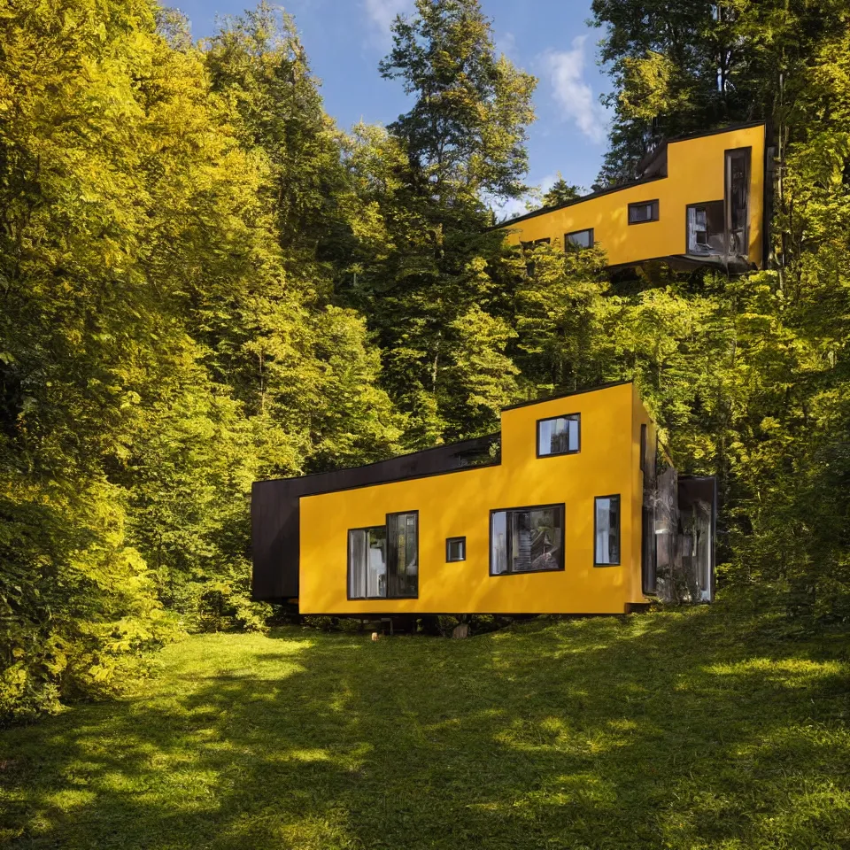 Prompt: a tiny flat horizontal house in the black forest, designed by Frank Gehry. Big tiles. Small wooden pathway . Film grain, cinematic, yellow hue