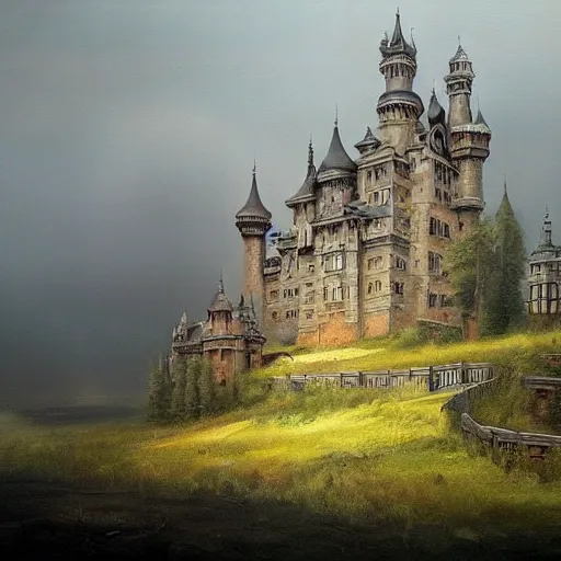 Image similar to a haunting castle in the style of zdzlaw bekinski, james gurney and ivan shishkin (oil on canvas), matte painting.