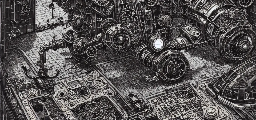 Image similar to steampunk mech tiled floor, one point perspective, high details, line art, by vincent di fate and joe fenton, inking, screen print, masterpiece, trending on artstation, sharp,, hyper - detailed, hd, 4 k, 8 k