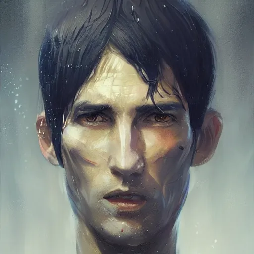 Image similar to portrait of a man by greg rutkowski, he is about 3 0 years old, short black hair with bangs, expression of terror and bewilderment, very tall and slender, he is wearing futuristic space gear, highly detailed portrait, digital painting, artstation, concept art, smooth, sharp foccus ilustration, artstation hq