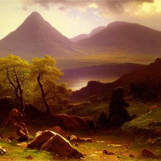 Image similar to painting of the mountains of mourne in ireland by albert bierstadt