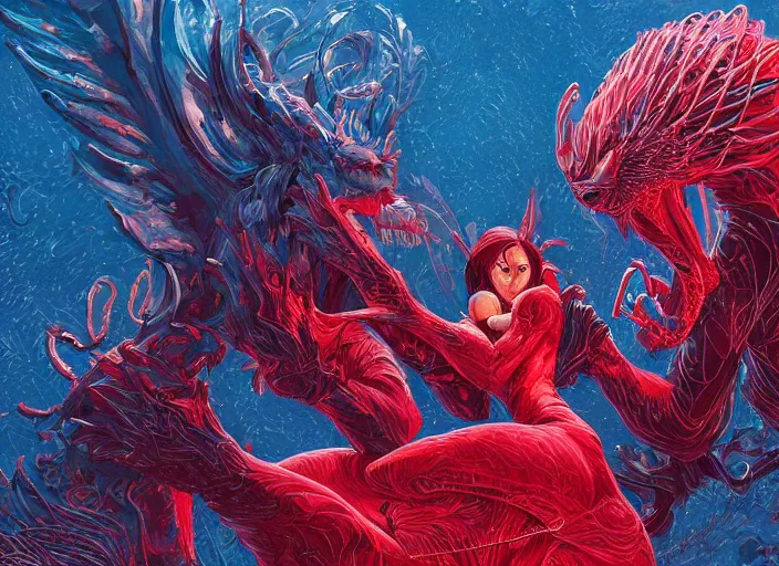 Prompt: couple, woman loves demon, sit upon a scarlet coloured beast, pain, light effect, hyper detailed, intricate, elegant, highly detailed, digital painting, artstation, concept art, matte, sharp focus, illustration, by dan mumford, yusuke murata, makoto shinkai, ross tran