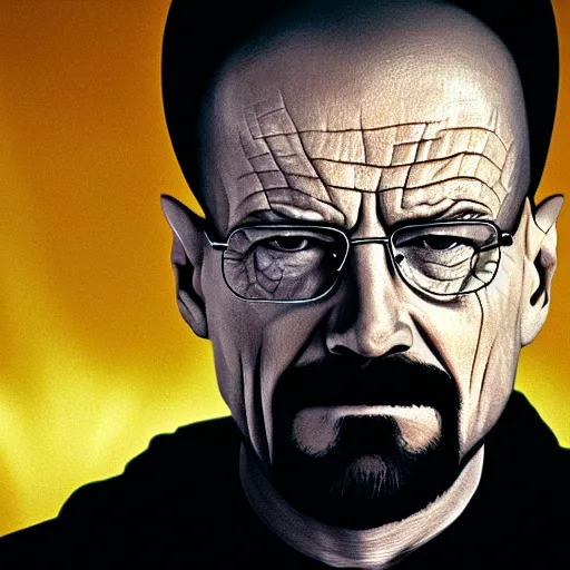 Prompt: close up film of walter white as neo in the matrix film, highly detailed face, highly detailed skin
