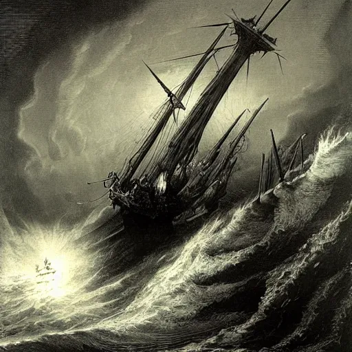 Image similar to giant sea dragon attacking a ship, by gustave dore