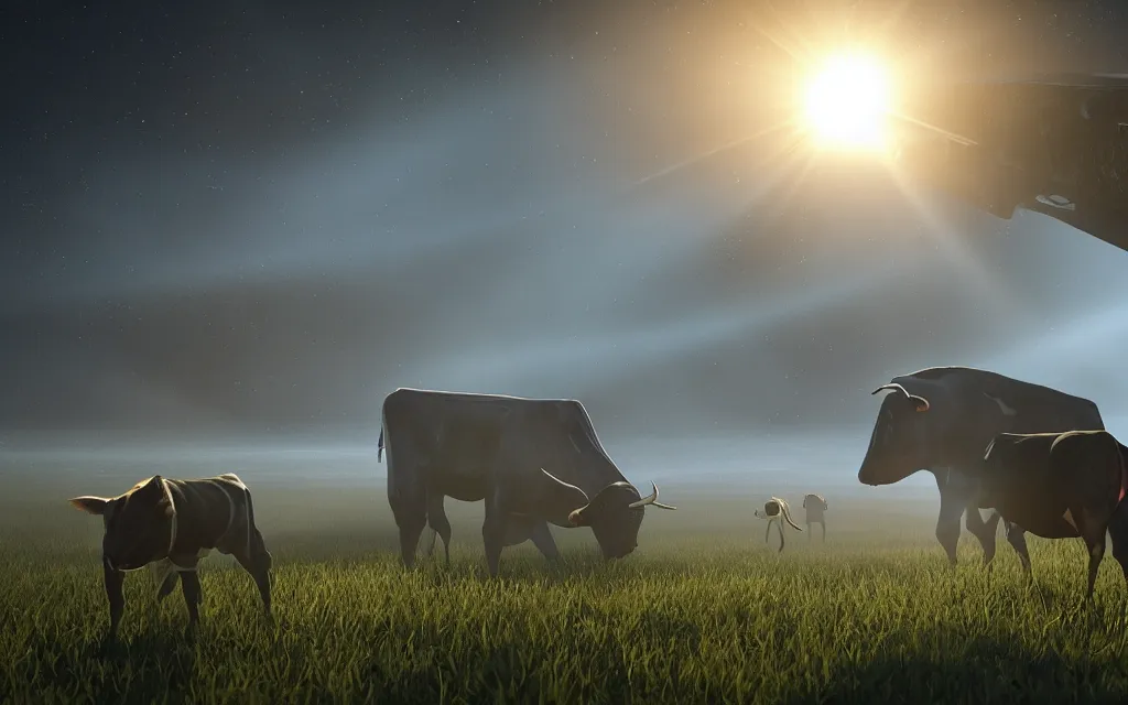 Image similar to alien ufo picking up cow with beam of light in farm, atmospheric, mist, epic, photorealistic, realistic, rule of thirds, extremely detailed, 4 k, 8 k, unreal engine 5 render, rim lighting, rtx, ray traced lighting, shot on 3 5 mm, film grain