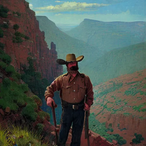 Prompt: wild west portrait of brawny burly surly sheriff man standing at the edge of a steep sharp cliff extreme drop looking down at the valley, sunny day, digital art by Nerdrum John, William Waterhouse, Winslow Homer, Alex Heywood, Jordan Grimmer, Darren Quach, Greg Rutkowski, Simon Stalenhag, trending on Artstation, CGSociety