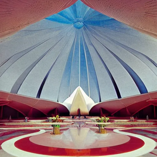 Image similar to interior of a futuristic lotus temple with gold, red and white marble panels, in the desert, by buckminster fuller and syd mead, intricate contemporary architecture with art nouveau motifs, photo journalism, photography, cinematic, national geographic photoshoot