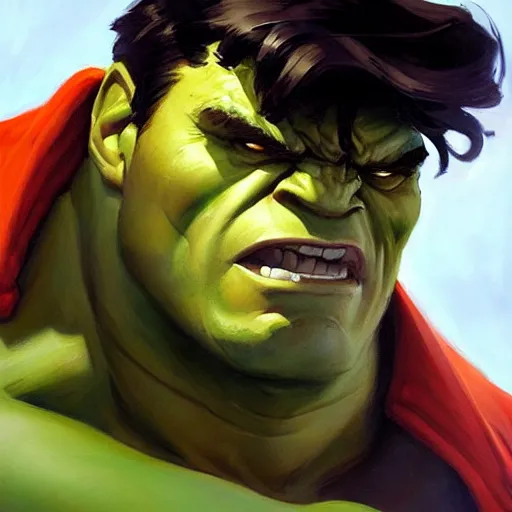 Image similar to Greg Manchess portrait painting of the Hulk as Overwatch character, medium shot, asymmetrical, profile picture, Organic Painting, sunny day, Matte Painting, bold shapes, hard edges, street art, trending on artstation, by Huang Guangjian and Gil Elvgren and Sachin Teng