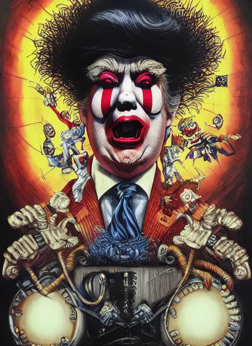 Prompt: donald trump sad clown, grotesque, horror, high details, intricate details, by vincent di fate, artgerm julie bell beeple, 80s, inking, vintage 80s print, screen print