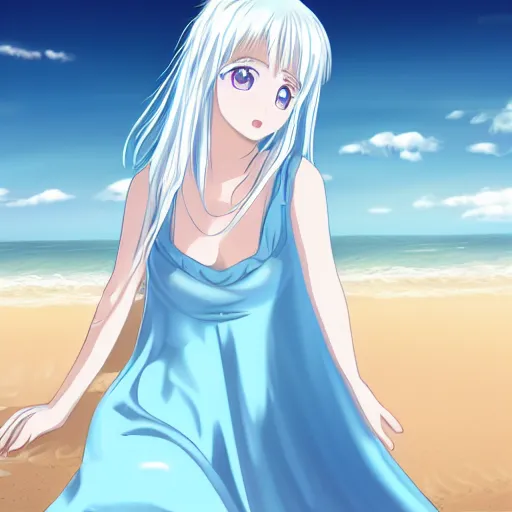 Image similar to a girl with light blue eyes, light blue hair in a white nightgown lies on the sand on the beach, anime style, high quality, 4 k digital art,