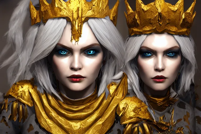 Prompt: Malevolent Ice Queen with gold leaf in the style of Artstation, Unreal Engine, photorealistic, highly detailed