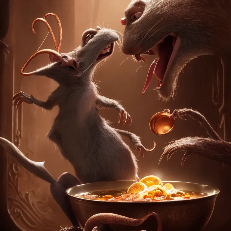 Image similar to beautiful cinematic fantasy poster the rat from ratatouille dramatically tossing food into a copper pot of soup, wideshot ultrawide angle epic scale, hybrid from The Elden Ring and art direction by Darius Zawadzki ;by artgerm; wayne reynolds art station; cinematic quality character render; low angle; ultra high quality model; production quality cinema model;