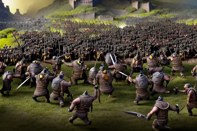 Image similar to diorama of minions fighting orcs in the battle of helm's deep, giant castle walls, realistic, 4 k, detailed