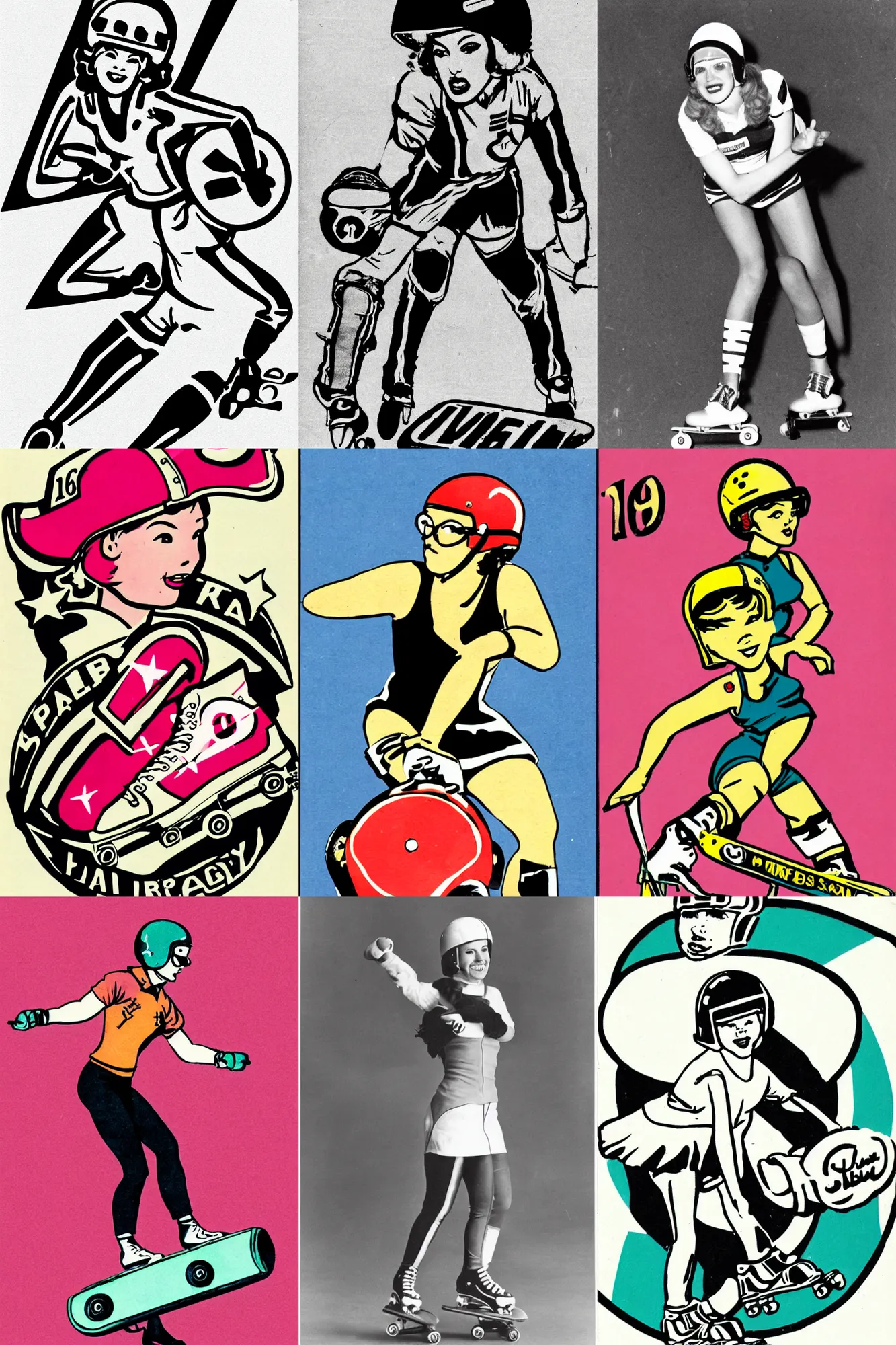 Prompt: illustrated logo, pretty roller derby girl skating, wearing roller derby helmet, 1960s, carrying a tray