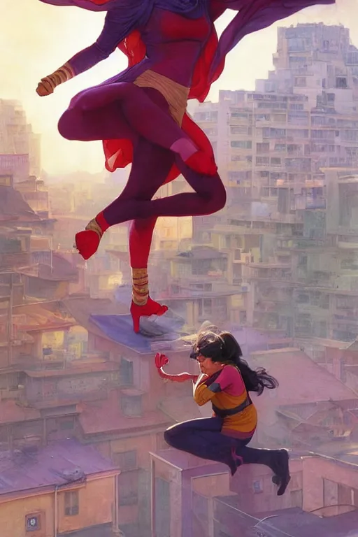 Image similar to A Full View of Kamala Khan Iman Vellani on a rooftop. MCU. masterpiece 4k digital illustration by Ruan Jia and Mandy Jurgens and Artgerm and greg rutkowski and Alexander Tsaruk and WLOP and william-adolphe bouguereau, award winning, Artstation, art nouveau aesthetic, Alphonse Mucha background, intricate details, realistic, panoramic view, Hyperdetailed, 8k resolution, intricate art nouveau