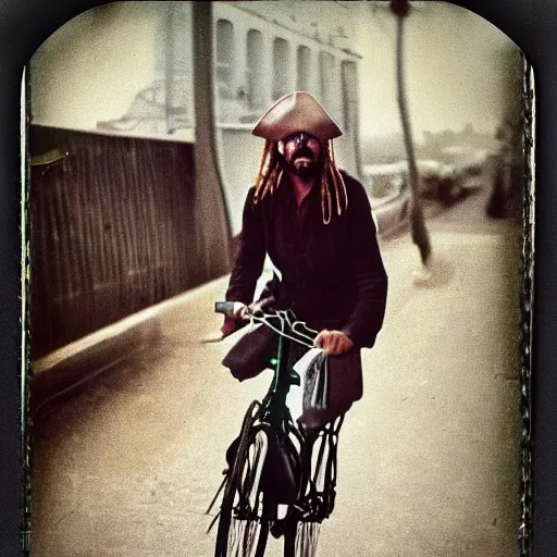 Image similar to 1970s Polaroid photo of a pirate on a bicycle, ultra realistic, cinematic, octane rendered, 8k, highly detailed, moody, photography, Polaroid