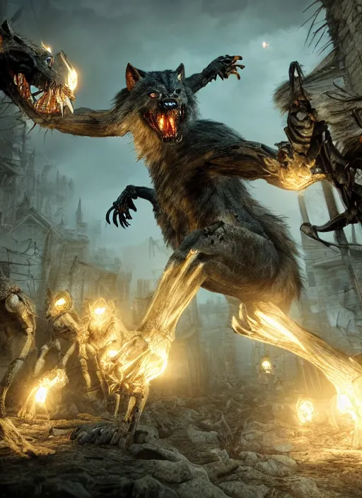 Image similar to werewolf fighting an endless army of skeletons, ultra detailed fantasy, elden ring, realistic, dnd, rpg, game design concept art, behance hd, artstation, deviantart, global illumination radiating a glowing aura global illumination ray tracing hdr render in unreal engine 5