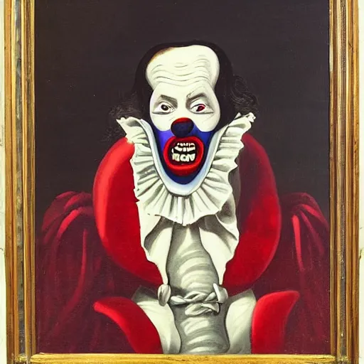 Image similar to a vampire sitting on a throne in his castle during the american revolution. he is surrounded by fine art and is wearing a bright clown emoji mask. finely detailed oil painting by john and ai