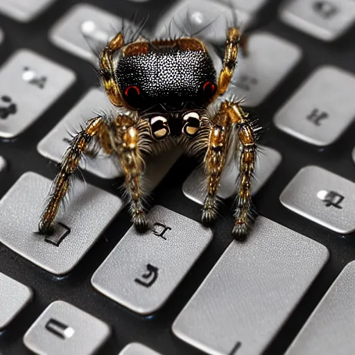 Prompt: a jumping spider, using a miniature computer keyboard, by pixar, macro lens, iridescent