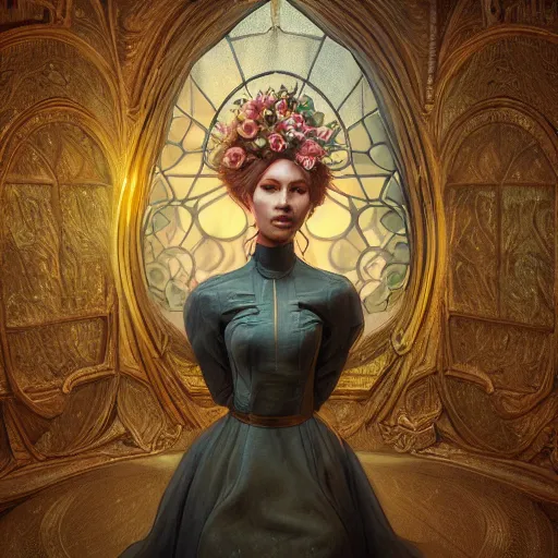 Image similar to realistic woman, top model, 3D model, hyper realistic, octane render, cinematic, unreal engine 5,golden ratio, curved lines, Peter Mohrbacher, Marc Simonetti floral-pattern vintage, dramatic lighting shadows, detailed illustration, Dan Mumford, Alphonse mucha, hyper realistic, photorealistic, extremely detailed fur, octane render, 8k, intricate details