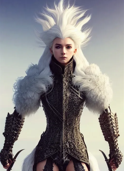 Image similar to fur coated armor!!! long wild white hair!! covered chest!!! fantasy, d & d, intricate ornate details, symmetry, concept art, sharp focus, illustration, art by artgerm! greg rutkowski magali villeneuve wlop! ilya kuvshinov!!, octane render, unreal engine 5, highly rendered!!