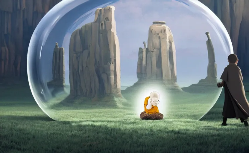 Image similar to a scary hyperrealist painting of a monk in a giant transparent bubble from howl's moving castle ( 2 0 0 4 ) in a flooded monument valley stonehenge jungle. depth perception, 4 k, artstation, in the style of studio ghibli