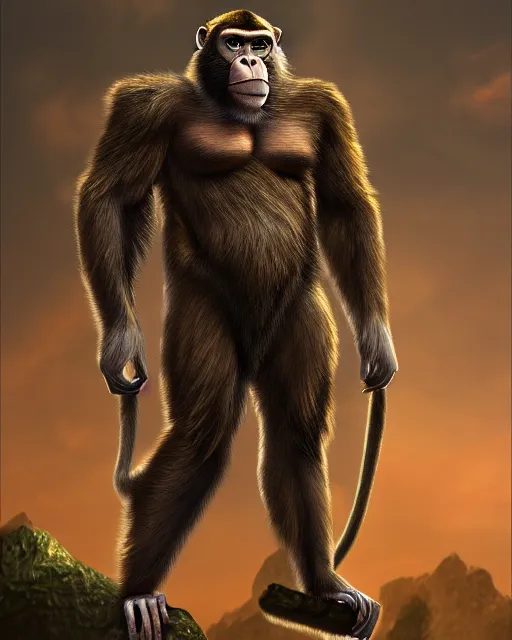 Image similar to fury art, an anthro ape monkey wearing a fantasy armor, jungle background, large cape, 3 d, 8 k, extremely detailed, trending on furaffinity, trending on artstation, award winning, sharp focus, illustration