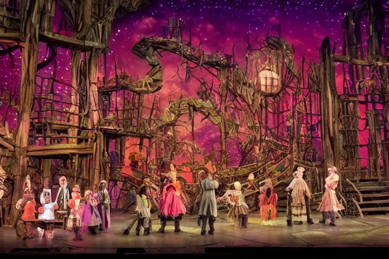 Prompt: photo of a huge theaterstage, theaterplay is nightmare before christmas, 3 actors on stage, 8 k, multicolored, exaggerated detailed, long shot