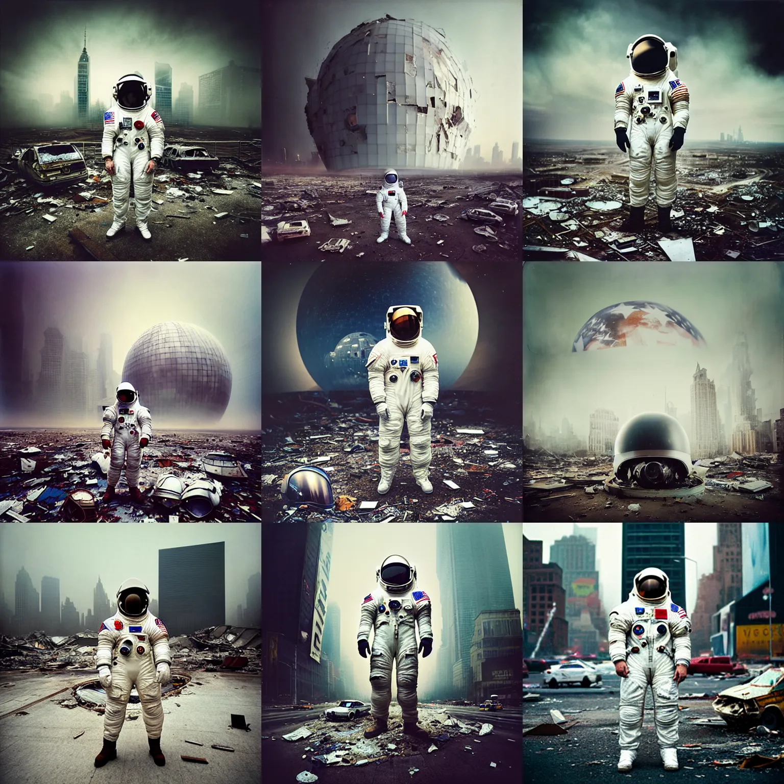 Prompt: american white spacesuit astronaut with oversized helmet in postapocalyptic abandoned destroyed times square, wrecked buildings, destroyed flipped wrecked cars, giant crater in distance, polaroid photo, vintage, neutral dull colors, soft lights, foggy, overcast by oleg oprisco, by thomas peschak, by discovery channel, by victor enrich, by gregory crewdson