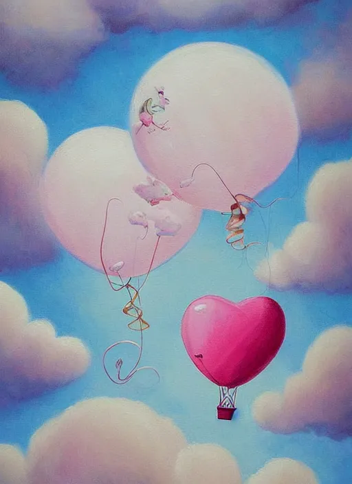 Image similar to detailed painting that is beautiful and whimsical with cotton candy clouds and balloon hearts and flowers inside