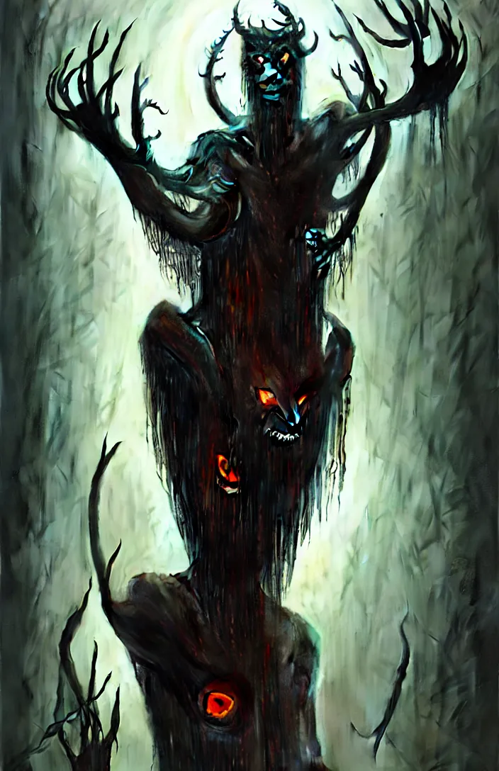 Image similar to translucent Wendigo with flaming eyes, veiled in mist, heroic lighting, dark fantasy, intricate, elegant, highly detailed, lifelike, photorealistic, digital painting, artstation, illustration, concept art, smooth, sharp focus, art by John Collier and Albert Aublet and Krenz Cushart and Artem Demura and Alphonse Mucha