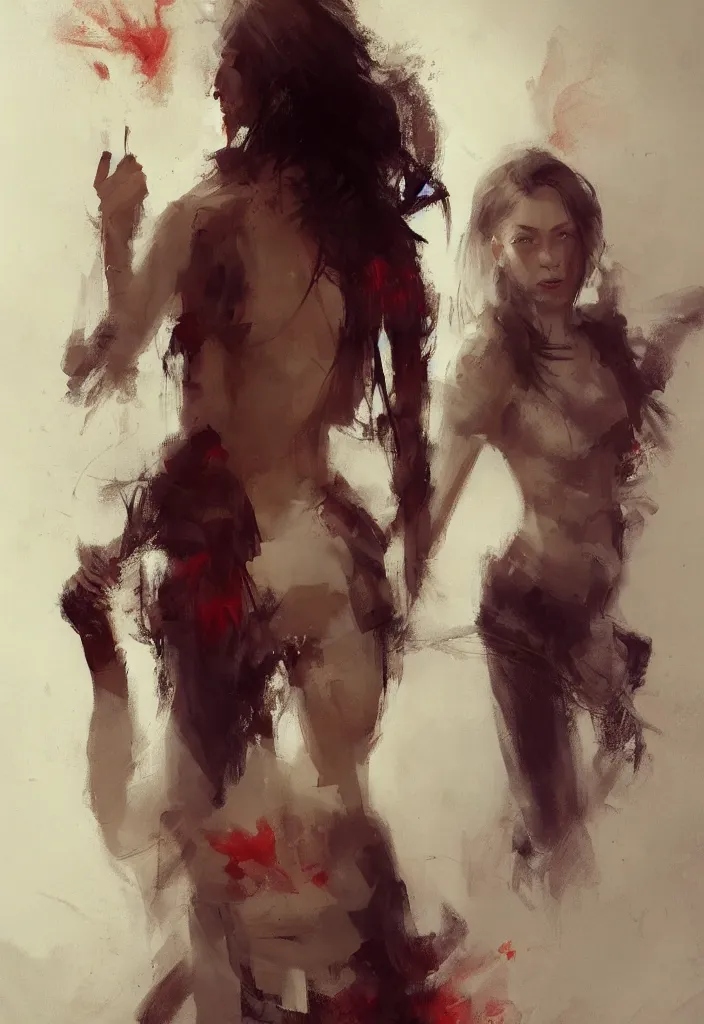 Prompt: full body portrait of a duo of 2 1 years old girl figures, messy hair, oriental tattoos, bespoke tailoring, beautiful, dramatic, cinematic lighting, few fire red highlights, by jeremy mann and greg rutkowski, oil on canvas, artstation, pixiv