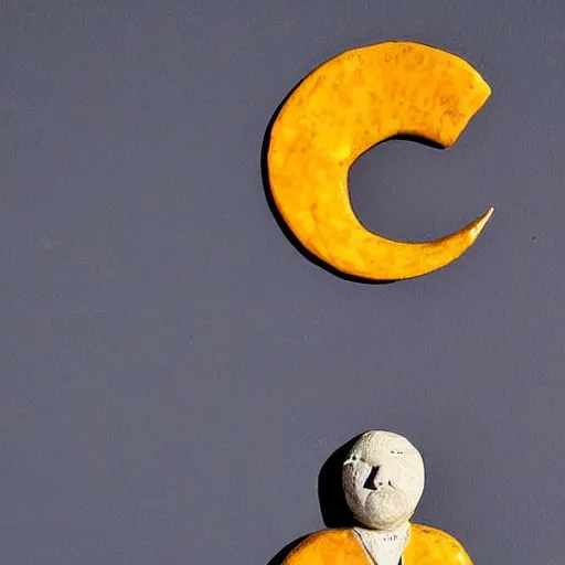 Image similar to anthropomorphic moon sculpture, man in the moon, ceramic, smiling moon, photograph, fine art, glazed ceramic, kitsch,