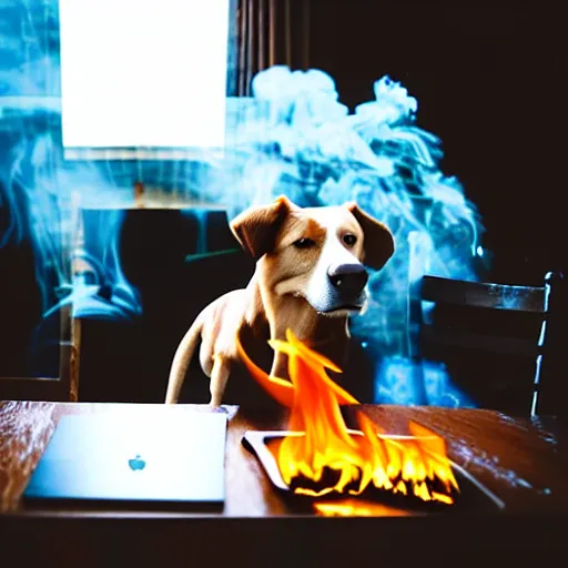 Image similar to a photograph of an humanlike relaxed dog in his house, sitting at a table, ☕ on the table, room is on fire, surrounded by flames, a lot of flames, smoke under the ceiling