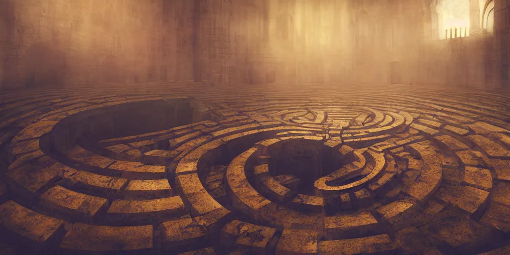 Prompt: circular labyrinth, art deco medieval style, dark vibes, golden statue in center of labyrinth, abandoned vibes, gloomy moody clouds, god sun rays, complimentary color scheme, G liulian Art style, dynamic lighting, highly detailed, cinematic landscape, studio landscape