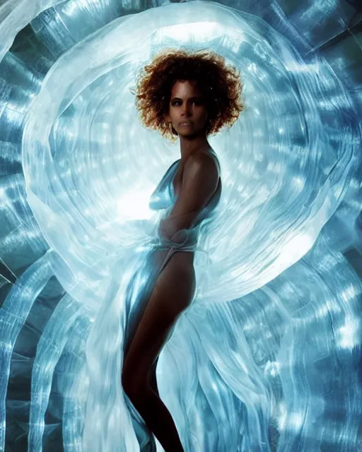 Image similar to annie leibovitz style photoshoot editorial of halle berry as sue storm, the invisible woman from the fantastic four, she is wearing a beautiful iridescent shimmering, glowing jellyfish like wedding dress made from her force field powers, hyperreal, magical, translucent, iridescent, studio lighting, soft focus, bokeh, 5 0 mm