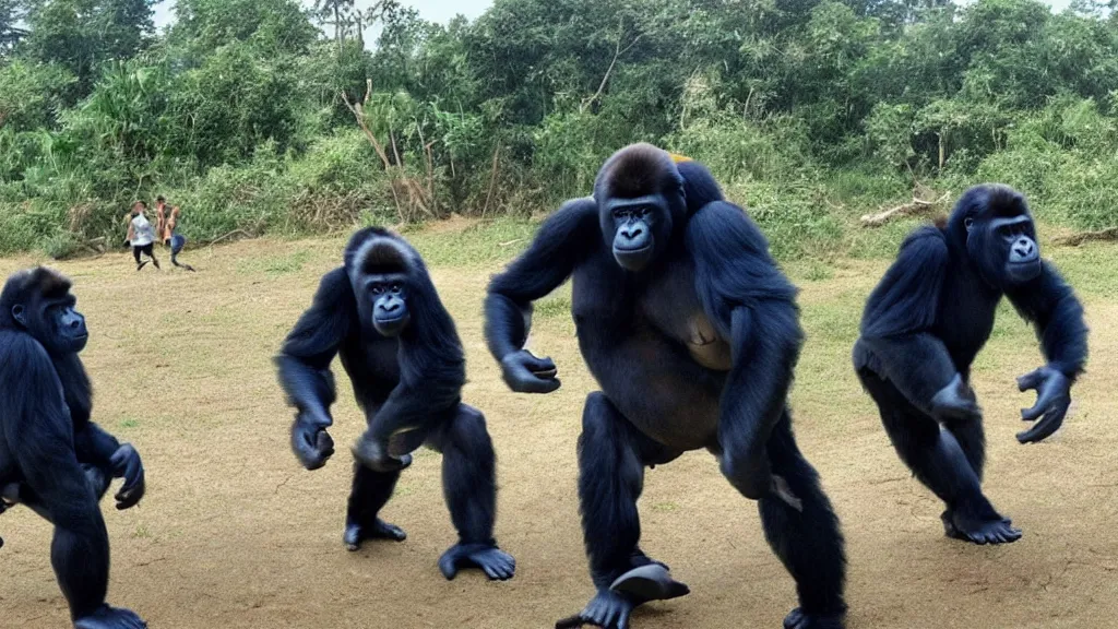 Image similar to gorillas using vr headset playing soccer, vivid