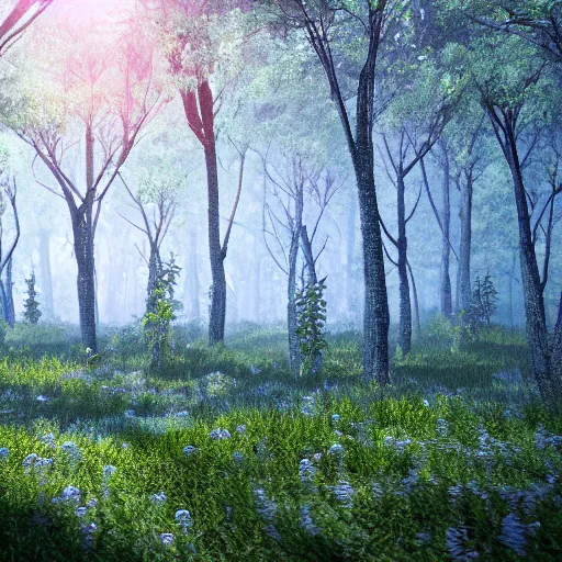 Prompt: artistic knee height render of blueberry bushes in a forest. Digital art. 4K. Unreal engine. Trending on artstation. Highly detailed.