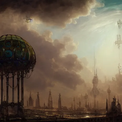 Image similar to enormous flying city in a faberge egg, sky, steampunk, fantasy art, masterpiece, hugh ferriss, unreal engine, peder balke, andreas achenbach cloudy background