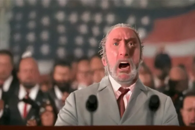 Prompt: vfx movie angry yelling pigman president of the united states speaking at podium on stage. by emmanuel lubezki