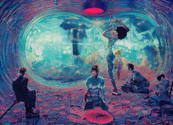 Prompt: inside a multi - dimensional tesseract, pop candy, a big aquarium, polka dot attack on titan by francis bacon, surreal, norman rockwell and james jean, greg hildebrandt, by greg rutkowski, exotic vegetation, tristan eaton, victo ngai, vibrant triadic color scheme, bubble gum, a still from the film alien, beksinski, hyper