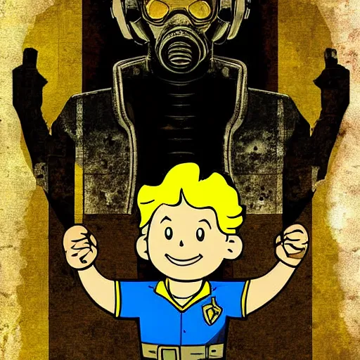 Image similar to digital art cold war poster of vault boy from fallout 3 game,