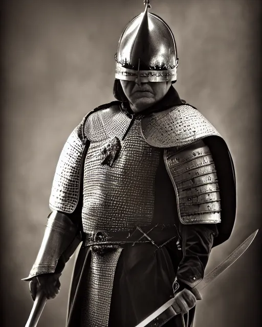 Prompt: a photo of donald trump dressed as a medieval knight. he's holding a longsword. medium shot portrait. dslr photography