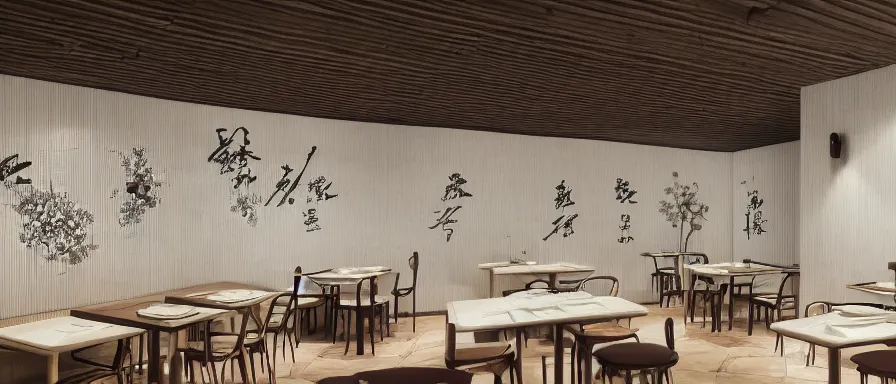 Image similar to a beautiful simple interior 4 k hd wallpaper illustration of small roasted string hotpot restaurant restaurant yan'an, illustrative style, from china, wallpaper with tower mountains, rectangle white porcelain table, black chair, fine simple delicate structure, animation style, simple style structure decoration design, victo ngai, 4 k hd