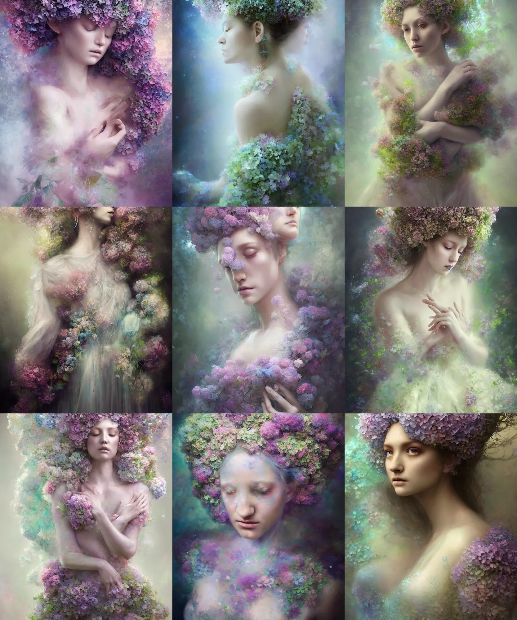Prompt: medium shot realistic Portrait ethereal hydrangea dryad wearing beautiful dress, deity of hydrangeas made of hydrangeas, mystical, 4k digital masterpiece by Alberto Seveso and Anna Dittman, Ruan Jia, rossdraws, full view, fantasycore, Hyperdetailed, realistic oil on linen, soft lighting, Iconography background, featured on Artstation