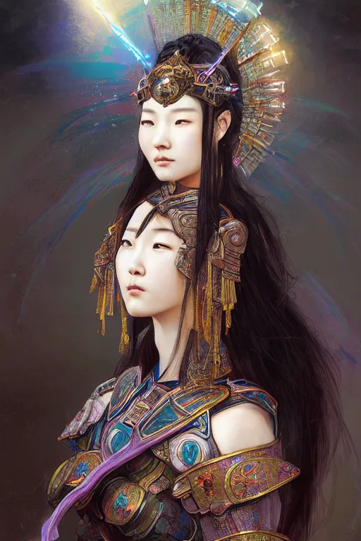 Prompt: beautiful and divine and holy and elite and colorlpunk young three kingdom chinese female armor knight portrait +shinnyy eyes+front face with light flowing hair, ultradetail face, art and illustration by tian zi and craig mullins and WLOP and alphonse mucha, fantasy, intricate complexity, human structure, human anatomy, fantasy character concept, watermark, blurry, hyperrealism 8k