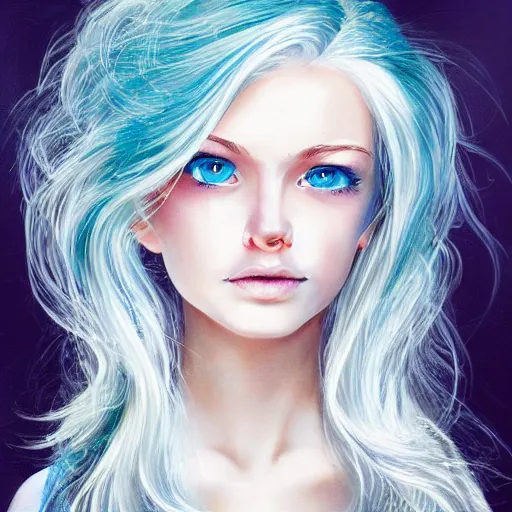 Prompt: incredibly beautiful portrait of A wonderful girl with blue eyes. White hair. Hyper detailed. Very very very very very very very very very very very beautiful