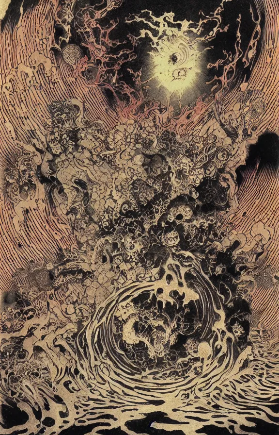 Prompt: The Nine Circles of Hell by Stephen Gammell and Dan Mumford, fire and flames by Utagawa Kuniyoshi, vibrant, psychadelic