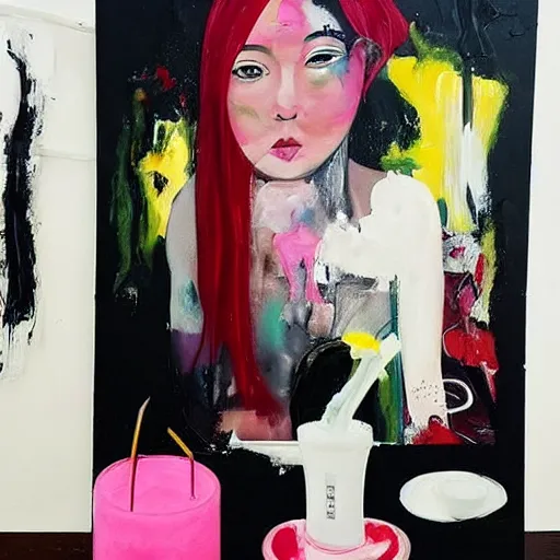 Image similar to “ a portrait in a female art student ’ s apartment, sensual, a pig theme, art supplies, paint tubes, ikebana, herbs, a candle dripping white wax, black walls, squashed berries, berry juice drips, acrylic and spray paint and oilstick on canvas, surrealism, neoexpressionism ”