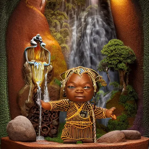 Prompt: wide angle dynamic portrait of a chibbi dogon priest in an african zen garden with a waterfall! and a golden ornate steampunk portal, amigurumi by mark ryden and todd schorr and mark davis and zdislaw beksinski in a surreal lowbrow style, digital paint, matte paint, vivid synthwave colors, breathtaking landscape, no hands